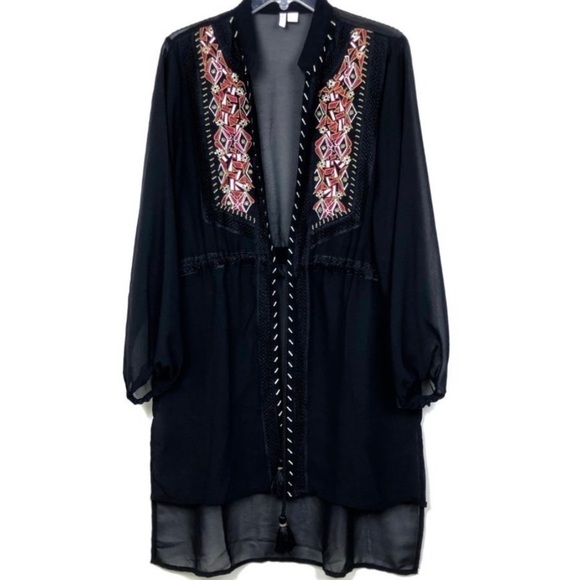 Cato | Black Embroidered Bead Adjustable Tassel Waist Kimono Sheer Tunic Top XS - Picture 8 of 17